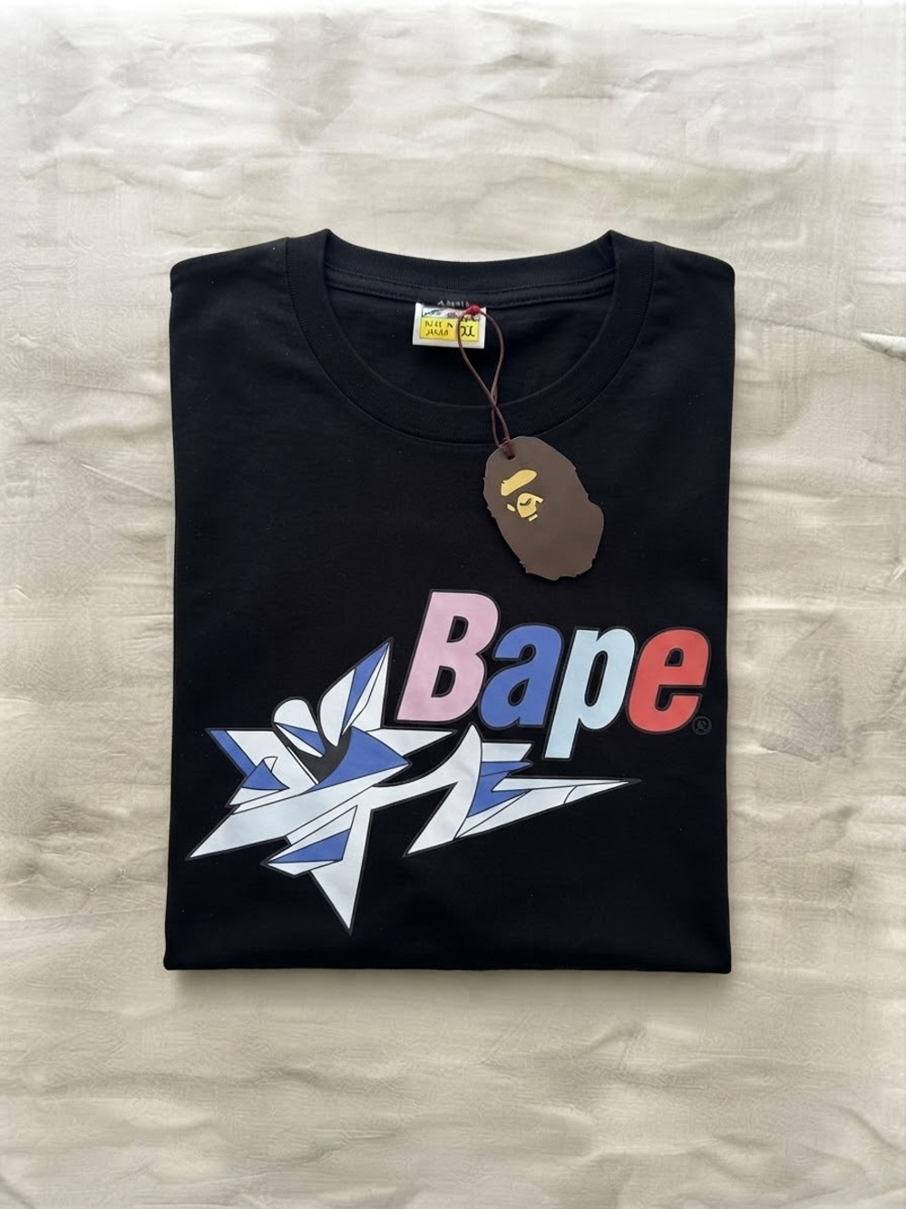 Bape Black Short Sleeve Graphic Logo Tee with Pink Blue Red Accents